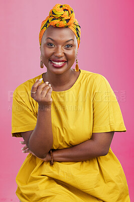 Buy stock photo Fashion, smile and portrait of black woman in a studio with makeup, natural and glamour face. Happy, beauty and young African female model with casual, trendy and traditional style by pink background