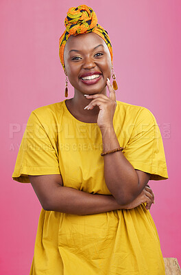 Buy stock photo Fashion, happy and portrait of black woman in a studio with makeup, natural and glamour face. Smile, beauty and young African female model with casual, trendy and traditional style by pink background