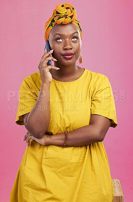 Buy stock photo Face, phone call and black woman in studio frustrated by phishing, scam or telemarketing spam on pink background. Smartphone, conversation and African female with eye roll emoji or annoyed attitude