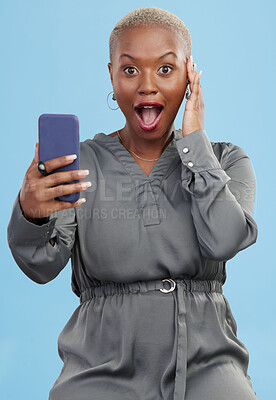 Surprise, notification and portrait of black woman excited for mobile app deal isolated in studio pink background. Giveaway, shocked and happy person with promotion, bonus and winning competition