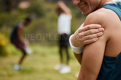 Buy stock photo Sports man, nature and shoulder pain from workout training injury or fitness cardio running accident outdoor. Hand, arm muscle or closeup of athlete runner with exercise elbow emergency in park