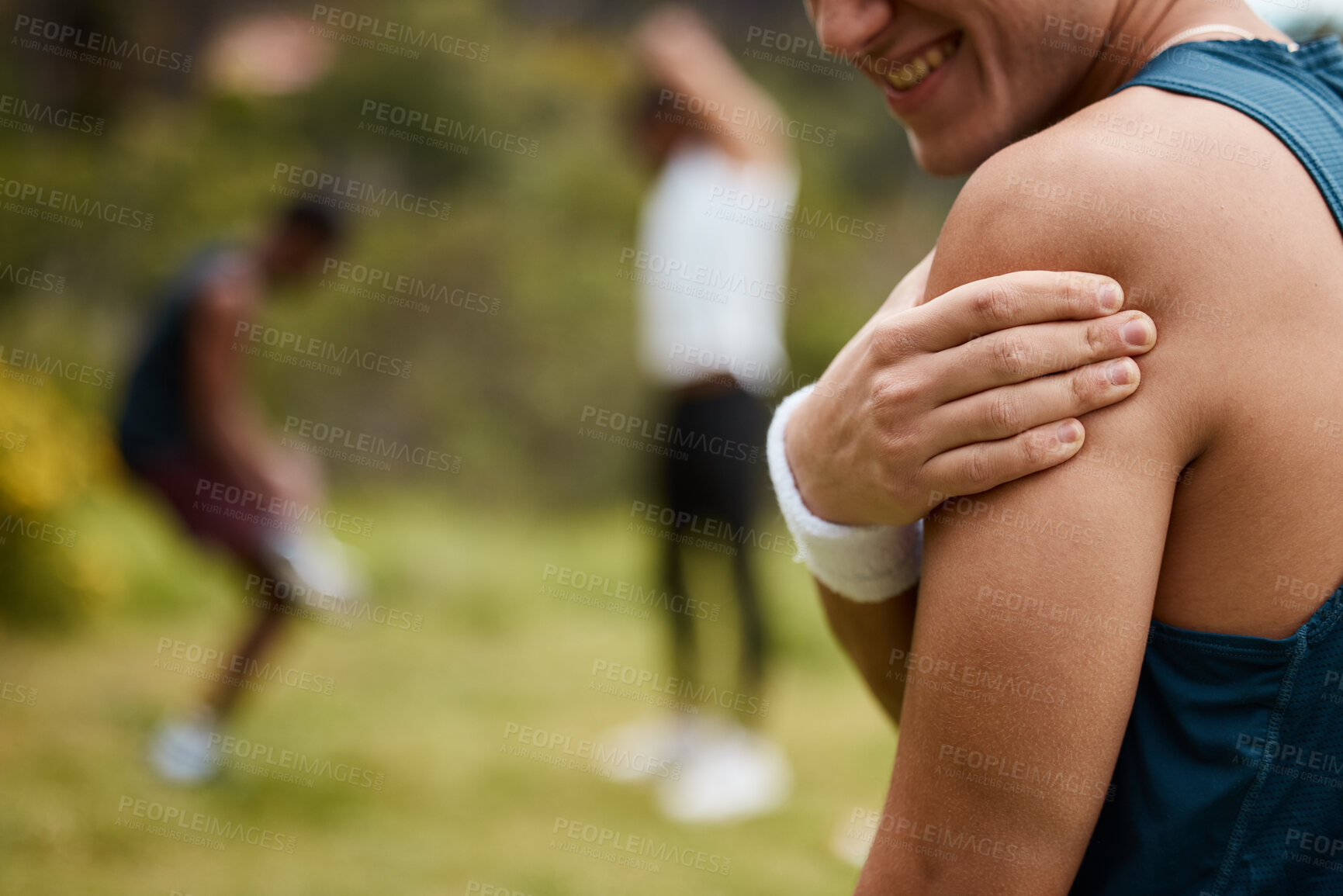 Buy stock photo Sports man, nature and shoulder pain from workout training injury or fitness cardio running accident outdoor. Hand, arm muscle or closeup of athlete runner with exercise elbow emergency in park