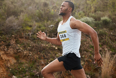 Buy stock photo Marathon, exercise and black man running outdoor in competition, workout and training for healthy body or wellness. Fitness, sports and runner athlete in race, cardio and energy in the countryside