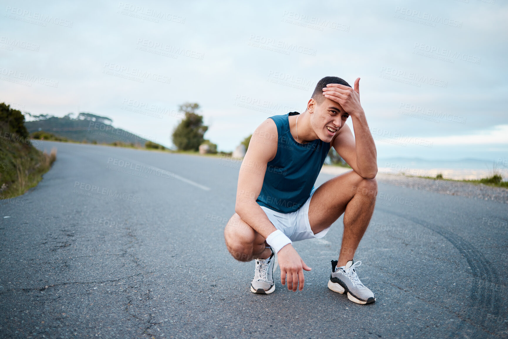 Buy stock photo Fitness, tired or man on break in running training, cardio workout and exercise outdoors. Runner breathing, sports or athlete exhausted with fatigue resting to recover energy in marathon race on road