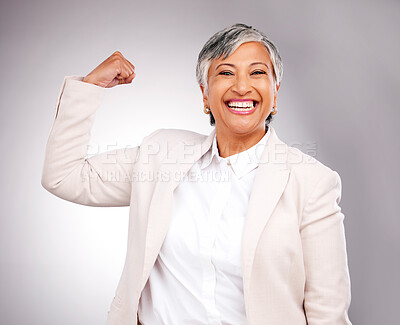 Buy stock photo Arm flex, business and woman with portrait, strong and winning on a white studio background. Happy ceo, mature person and accountant with strength, empowerment and career with freedom and employee