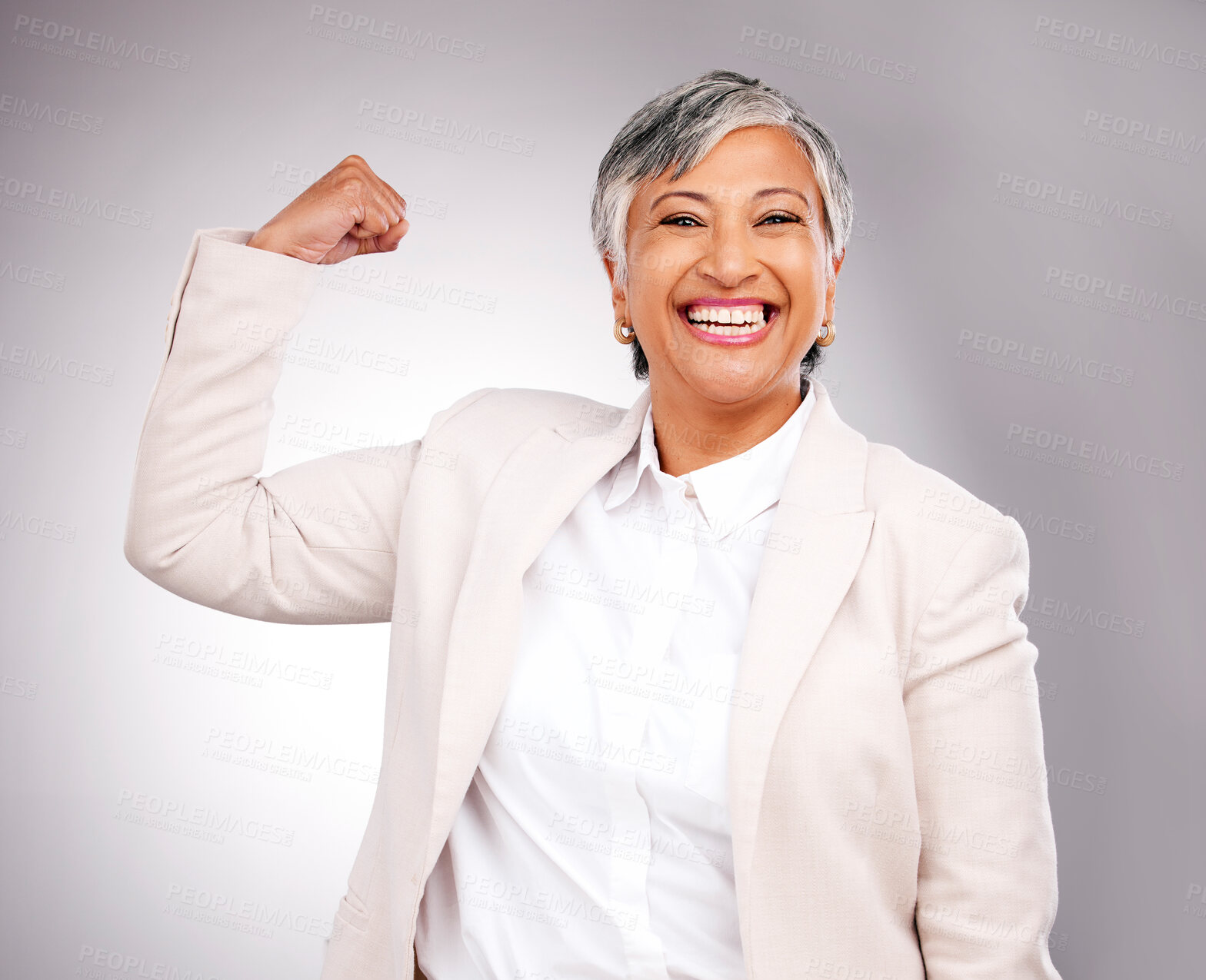 Buy stock photo Arm flex, business and woman with portrait, strong and winning on a white studio background. Happy ceo, mature person and accountant with strength, empowerment and career with freedom and employee