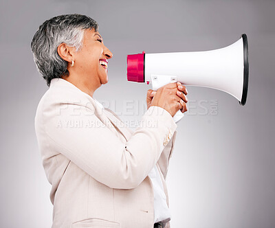 Buy stock photo Business woman, megaphone and voice for announcement, broadcast or news in human resources on a white background. Happy manager or leader profile of call to action, HR attention or speaking in studio