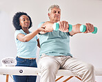 Old man, exercise and physiotherapy with dumbbell for wellness and muscle training on bed with black woman. Healthcare, physiotherapist and senior with workout for healing help, support and fitness