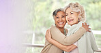 Smile, hug and old woman friends on space together for a visit during retirement in a senior home. Love, funny and happy elderly people embracing for support, unity or solidarity while bonding 