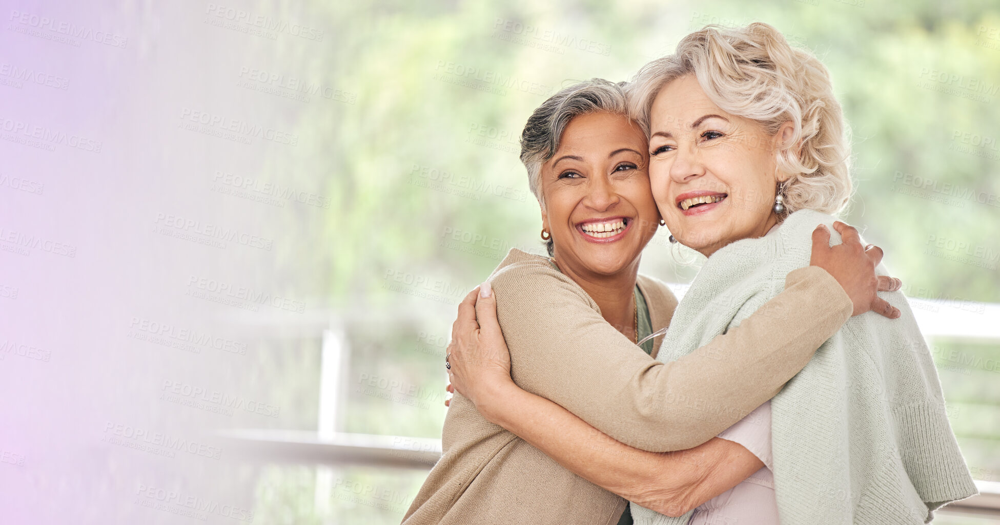 Buy stock photo Smile, hug and old woman friends on space together for a visit during retirement in a senior home. Love, funny and happy elderly people embracing for support, unity or solidarity while bonding 