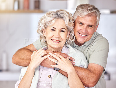 Buy stock photo Portrait, happy and senior couple hug in house for love, care and relax in retirement at home. Old man, elderly woman and smile with trust to embrace for support, commitment and loyalty in marriage