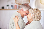 Happy, love and face of senior couple dance at home with trust, care and security, bond and laugh. Retirement, romance and excited man elderly man with woman hug with intimacy, support or security