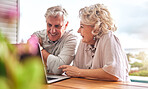 Happy, email and senior couple with a laptop for communication, home budget or ecommerce. Online banking, love and an elderly man and woman with a computer for planning retirement or working on tech