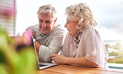 Buy stock photo Happy, email and senior couple with a laptop for communication, home budget or ecommerce. Online banking, love and an elderly man and woman with a computer for planning retirement or working on tech