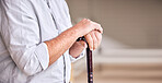 Hands, walking stick and elderly person in home for support, healthcare and help in retirement. Closeup, banner and senior with disability for aid of parkinson, arthritis and rehabilitation of stroke