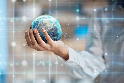 Buy stock photo Business woman, plam and globe hologram of worldwide connection, global data or cybersecurity in blue network. 3D, world or planet earth and person hand for system or integration software development