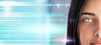 Smart contact lens, woman and digital data overlay with mockup, future technology banner and ai portrait. Space, information and futuristic eye of girl with connectivity, networking and innovation.
