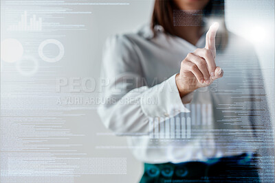 Buy stock photo Business, hands press and screen hologram of data analytics, digital software management and marketing dashboard. Professional woman with fingerprint glow and futuristic overlay of graphs and charts