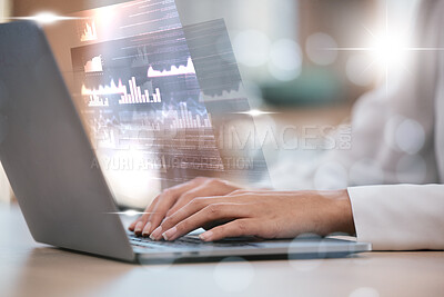 Buy stock photo Business hands, laptop and digital overlay for data analytics, social media algorithm or statistics in office. Professional person or analyst typing on computer in graphs, charts or reserach hologram