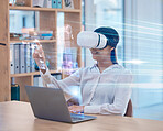 Business woman, VR glasses and hologram of laptop screen for data analytics, charts and graphs or statistics in office. Professional analyst in virtual reality, metaverse vision and digital overlay