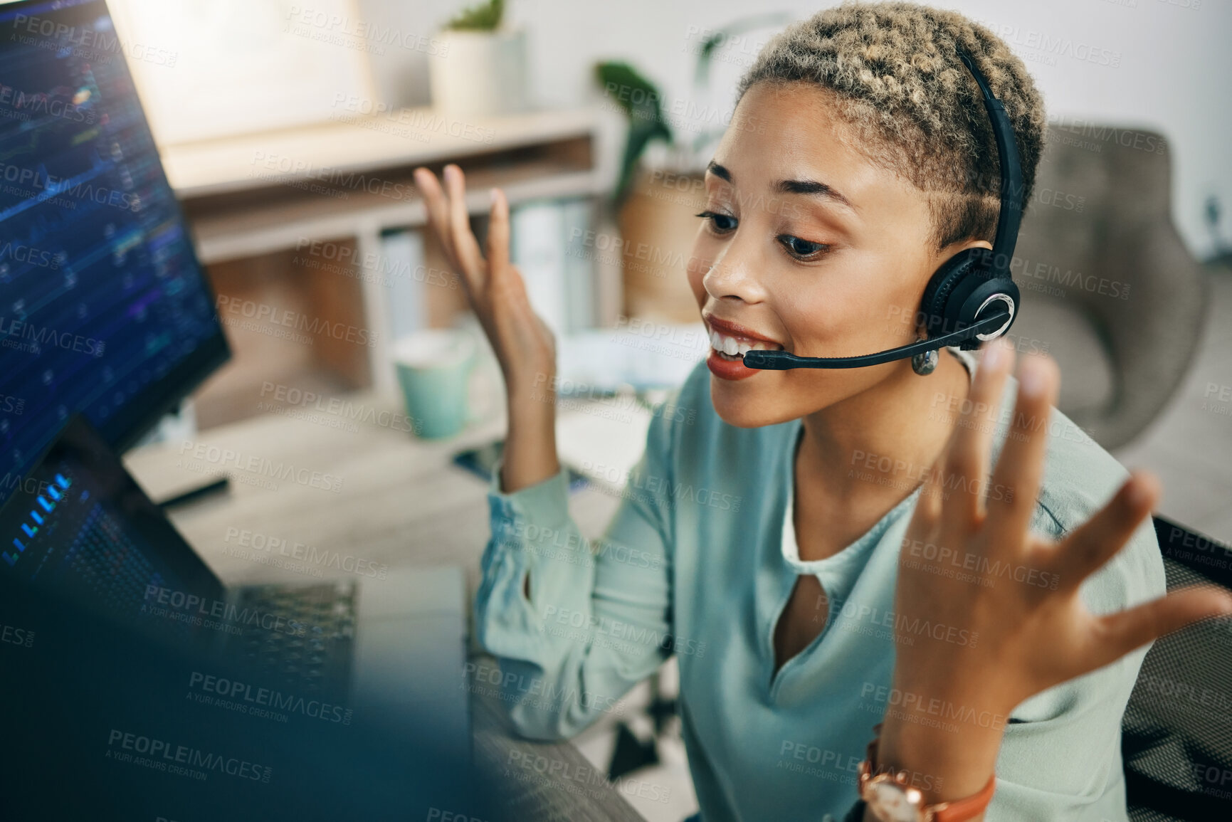 Buy stock photo Happy woman, call center and broker consulting in customer service, stock market or trading at office. Female person, trader or agent with headphones smile for financial advice or help at workplace