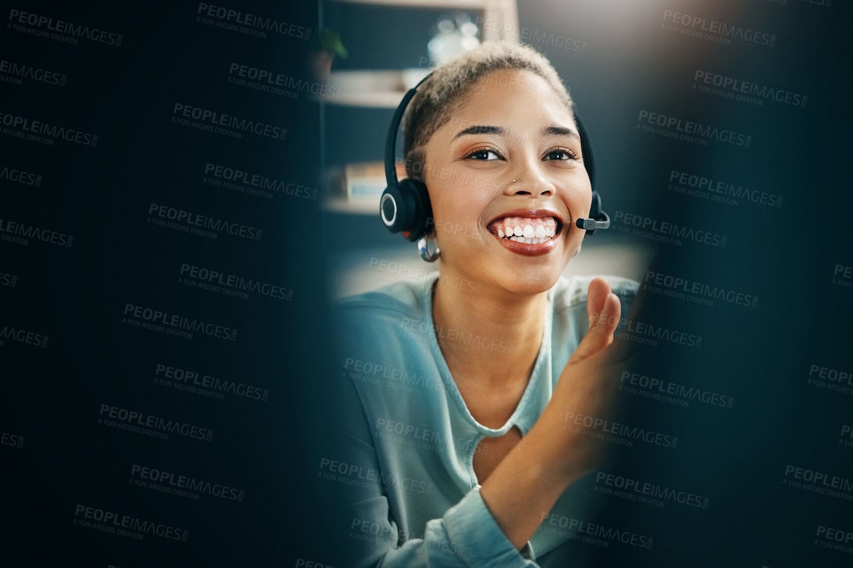 Buy stock photo Portrait, smile and a woman consulting in a call center for customer support, service or assistance. Contact, crm and a happy young receptionist in an office with a headset for sales communication