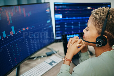 Buy stock photo Business, computer screen and woman with investment, headphones and connection with data analysis. Person, programmer and investor with headset, pc and network with website information and internet