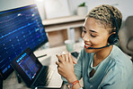 Woman, call center and stock market advice, technical support and trading or investment agent on computer screen. Consultant, business trader or african person talking, software networking and sales