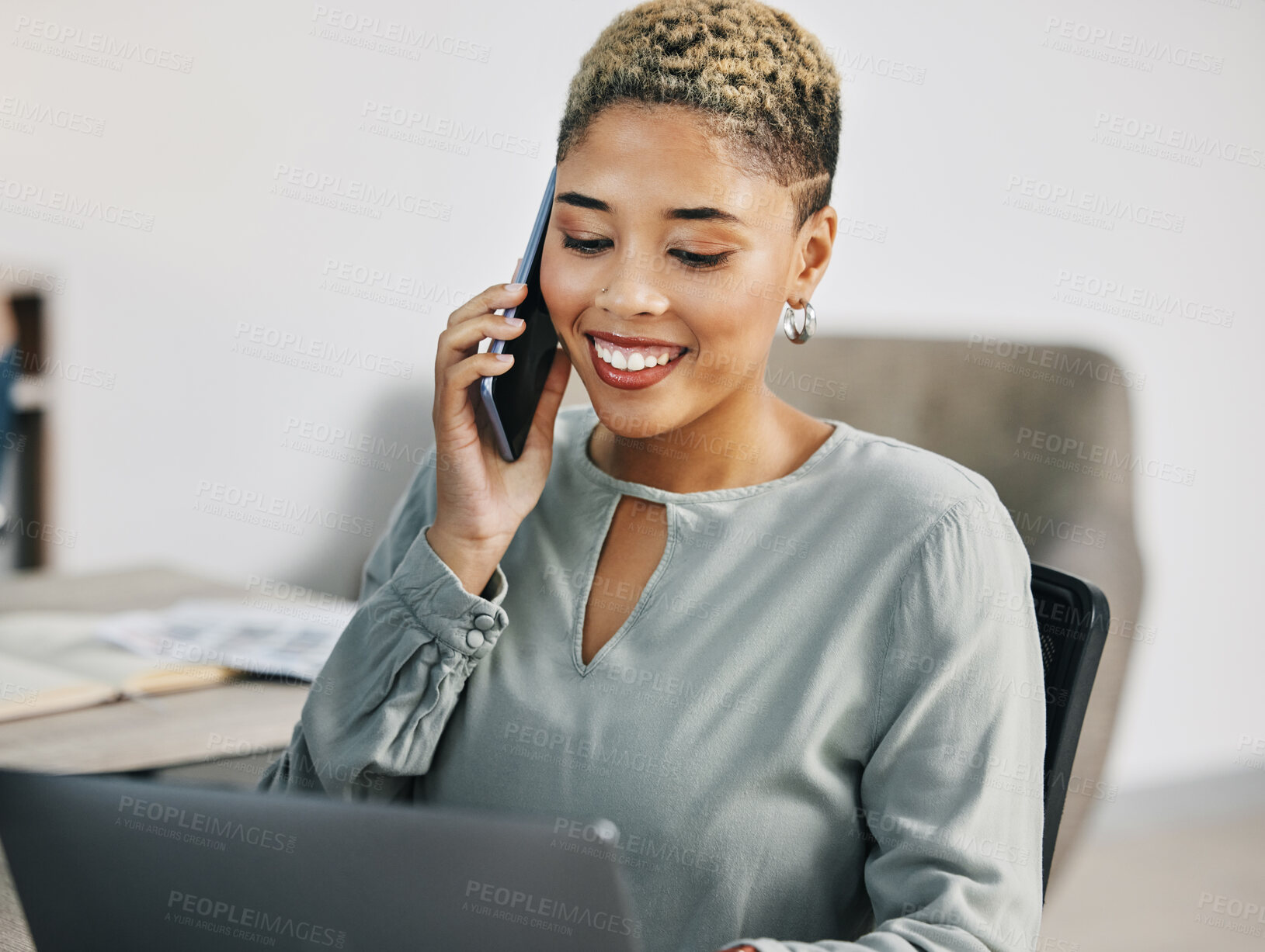 Buy stock photo Business woman, phone call and networking in a office with corporate work and conversation at law firm. Laptop, African female professional and employee with communication and lawyer talk at job