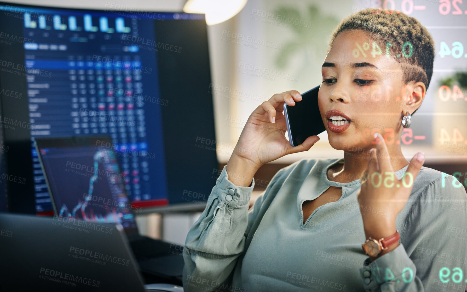 Buy stock photo Business woman, phone call and broker consulting in trading, stock market or discussion for online finance at office. Female person or financial advisor talking on mobile smartphone in advice or help