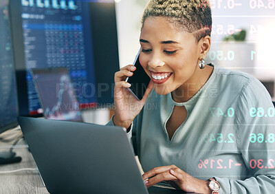 Buy stock photo Happy woman, phone call and broker consulting in trading, stock market or discussion for online finance at office. Female person or financial advisor talking on mobile smartphone for advice or help