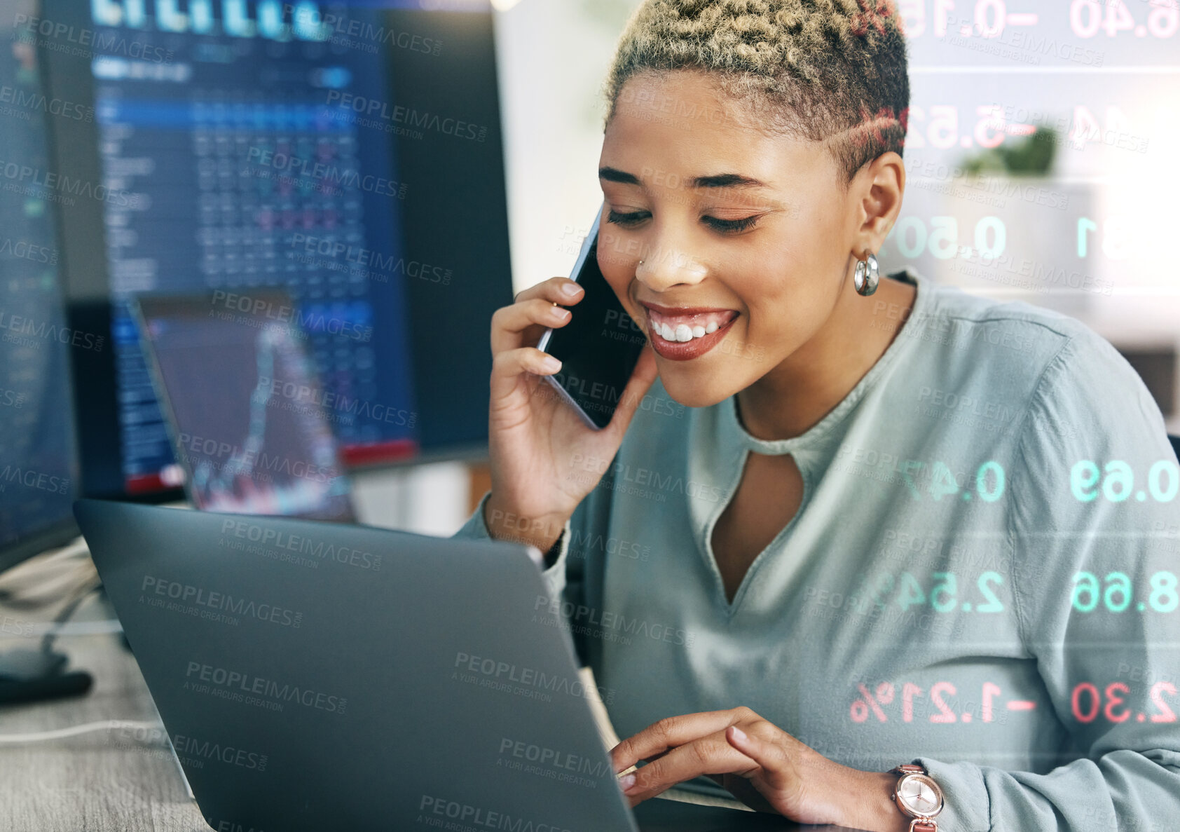 Buy stock photo Happy woman, phone call and broker consulting in trading, stock market or discussion for online finance at office. Female person or financial advisor talking on mobile smartphone for advice or help