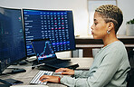 Laptop, stock exchange and business woman analysis of company equity data, trade accounting analytics or crypto insight. Economy, value metrics and profile of professional broker review finance stats