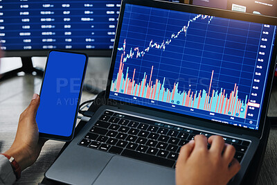 Buy stock photo Person, hands and phone mockup for stock market trading or finance statistics of data, graph or chart at office. Closeup of employee, broker or financial advisor on smartphone and laptop in marketing