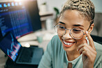 Glasses, business stock market and happy woman reading statistics, investment data or trading analytics. Eyeglasses, online exchange and face of broker analysis, research and smile for equity trading