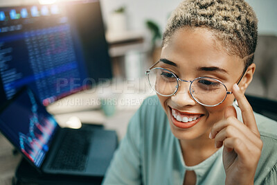 Buy stock photo Glasses, business and thinking with a happy woman in office with statistics, investment data or analytics. Stock market, online exchange and face of broker analysis, research and equity trading