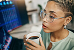 Computer, coffee and professional woman with stock market analysis, crypto audit or monitor equity info, stats or insight. Espresso mug, corporate face or investor reading online financial assessment