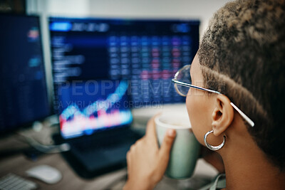 Buy stock photo Computer screen, coffee cup and business woman with stock market analysis, crypto audit or monitor finance information. Espresso latte, face and broker work on trade review, sales or feedback numbers