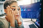 Business woman, stress and shocked for stock market crash, trading mistake and bankruptcy on computer. African trader with statistics, data analytics error and cryptocurrency crisis or financial fail