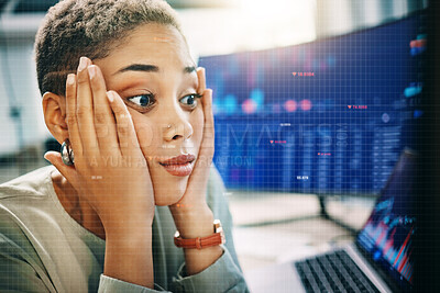 Buy stock photo Business woman, stress and shocked for stock market crash, trading mistake and bankruptcy on computer. African trader with statistics, data analytics error and cryptocurrency crisis or financial fail