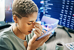 Frustrated woman, phone and headache in trading mistake, fail or stock market crash at office. Female person or broker in debt, stress or anxiety with smartphone in financial crisis or bad investment