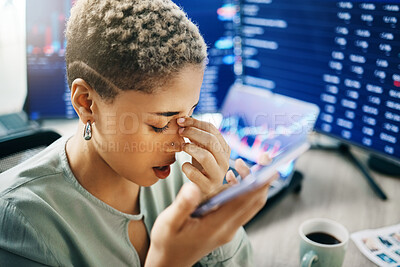 Buy stock photo Frustrated woman, phone and headache in trading mistake, fail or stock market crash at office. Female person or broker in debt, stress or anxiety with smartphone in financial crisis or bad investment