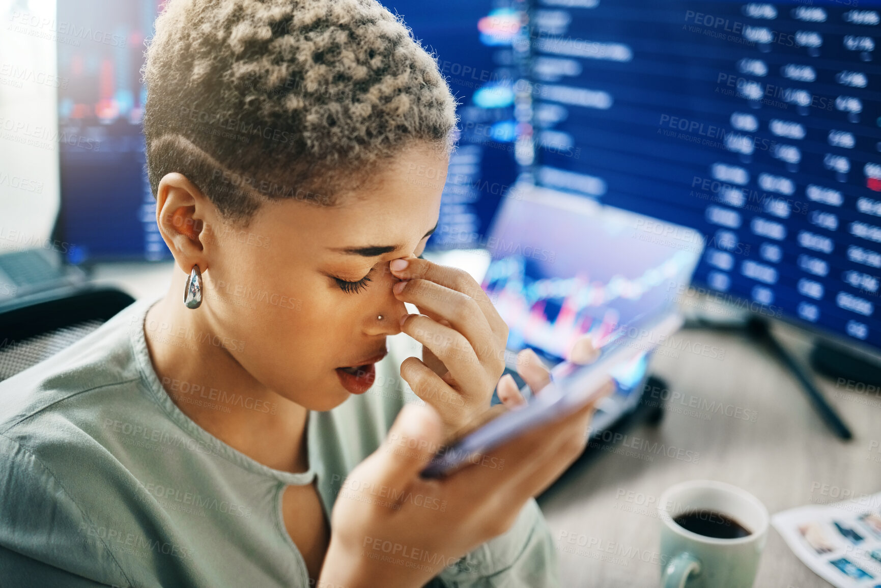 Buy stock photo Frustrated woman, phone and headache in trading mistake, fail or stock market crash at office. Female person or broker in debt, stress or anxiety with smartphone in financial crisis or bad investment