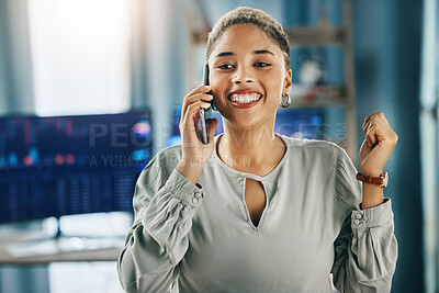 Buy stock photo Woman, winner and phone call for trading, stock market investment or news of profit, sales and data in home office. Trader or african entrepreneur yes for winning, results and announcement on mobile