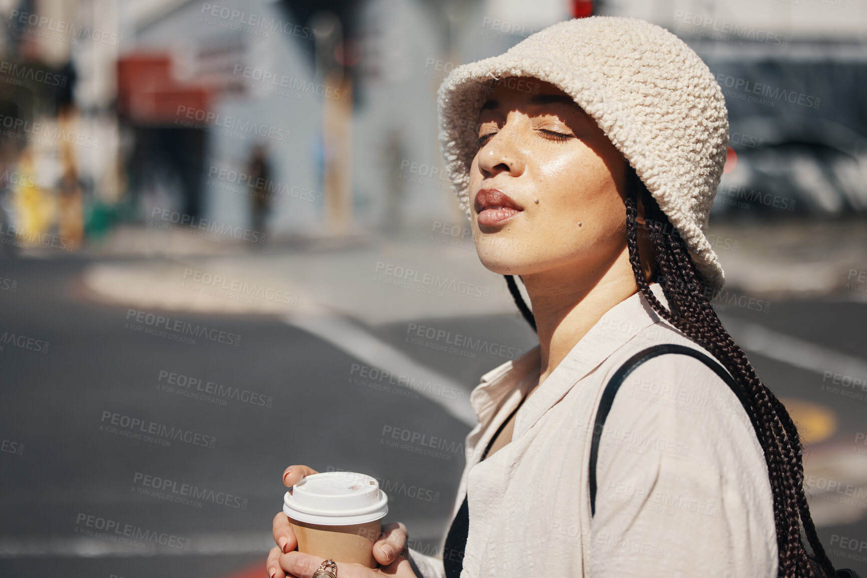 Buy stock photo Coffee, travel and face of woman in city with trendy clothes for commute, walking and adventure. Relax, student and person with beverage, drink and tea in town street for holiday, break and weekend