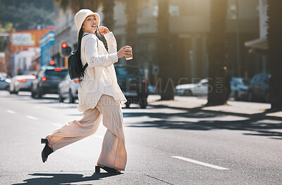 Buy stock photo Coffee, walking and woman travel in city with trendy clothes for commute, transport and adventure. Relax, worker and person with beverage, drink and tea in town street for career, break and journey