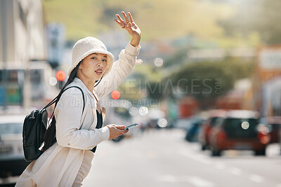 Buy stock photo Street, taxi call, and a woman with a phone for contact, an app or communication in the morning. Road, waiting and a girl with a mobile and gesture for transport in city for an urban commute