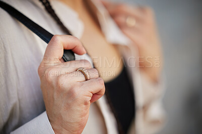 Buy stock photo Hand, bag for travel and a tourist closeup on holiday or vacation at the start of her journey for sightseeing. Backpack, commute and getaway for tourism with a person alone overseas or abroad