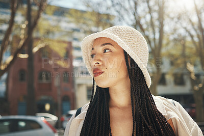 Buy stock photo Woman, travel and fashion in city with thinking and freedom from urban adventure in New York. African teenager, streetwear and gen z clothes and outdoor on a journey in town on a trip in road