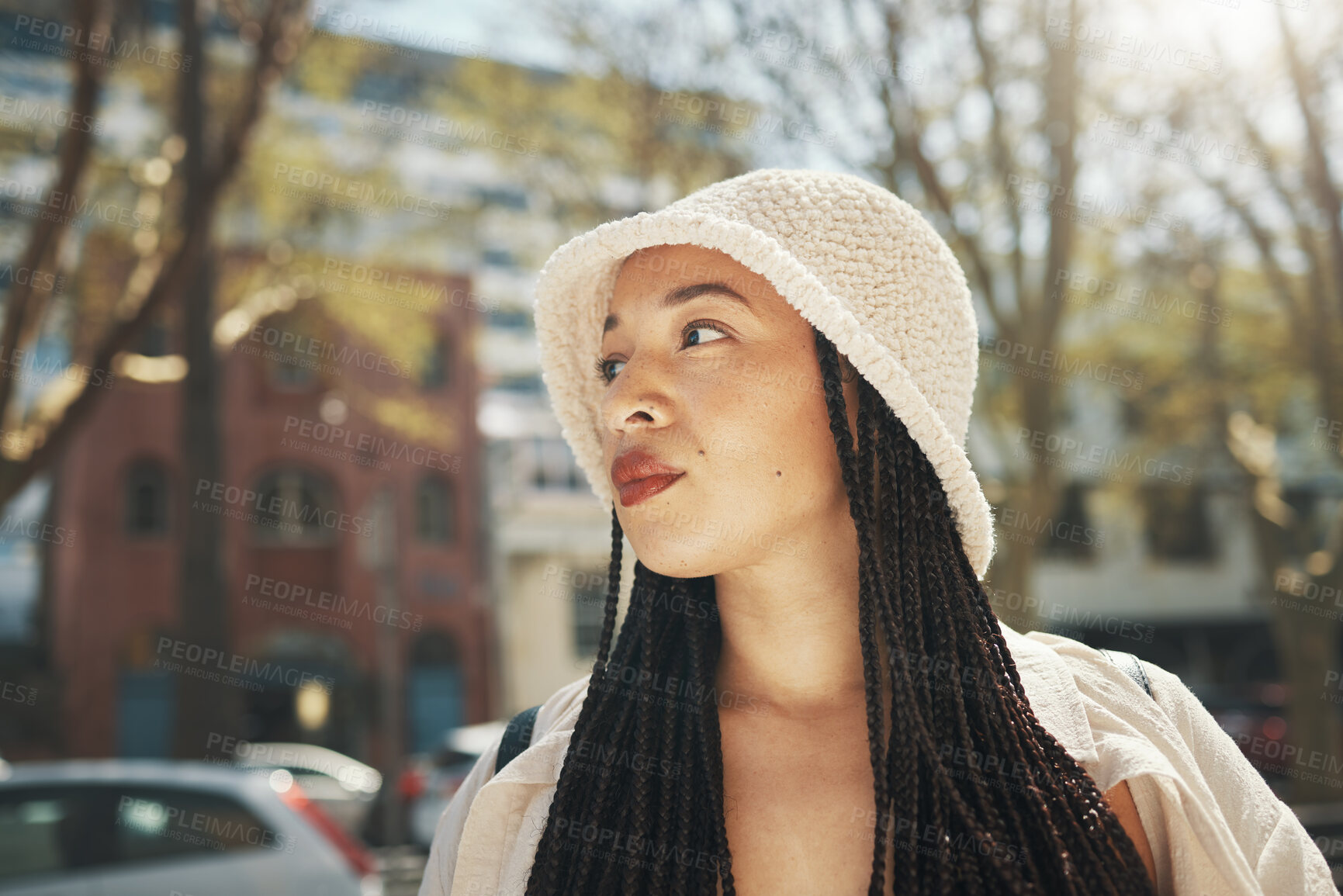 Buy stock photo Woman, travel and fashion in city with thinking and freedom from urban adventure in New York. African teenager, streetwear and gen z clothes and outdoor on a journey in town on a trip in road